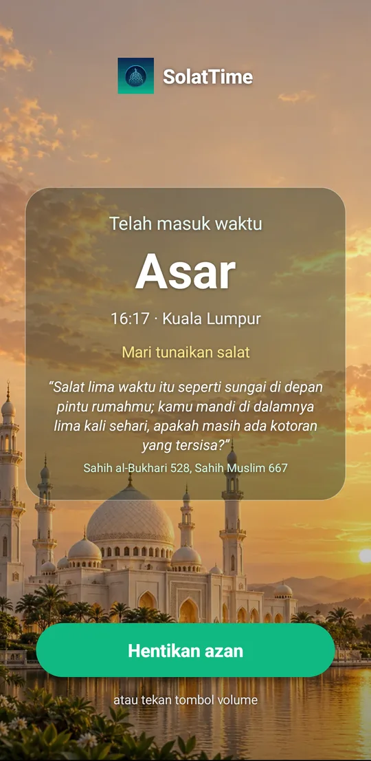 Layar adzan penuh SolatTime, waktu Ashar