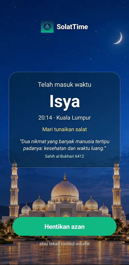 Layar adzan penuh SolatTime, waktu Isya