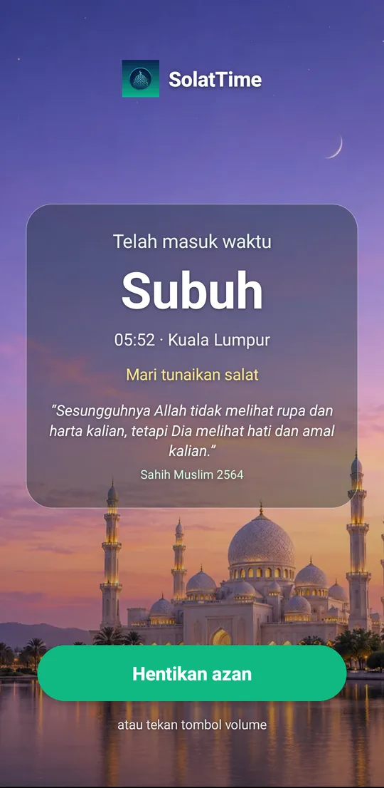 Layar adzan penuh SolatTime, waktu Subuh