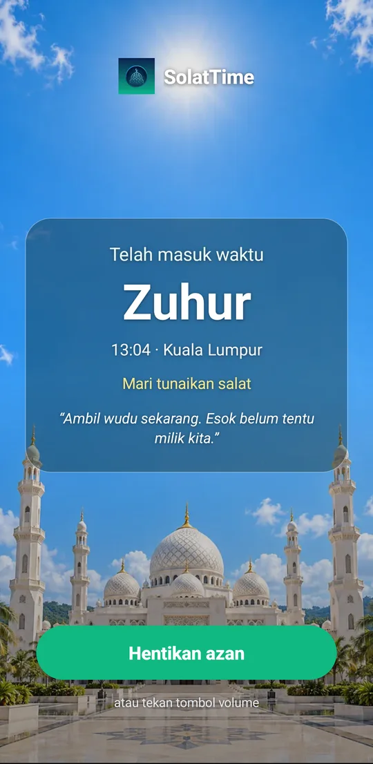 Layar adzan penuh SolatTime, waktu Dzuhur