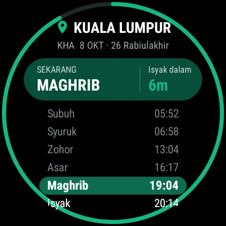 Layar asli SolatTime di jam: Jadwal sholat langsung tampil