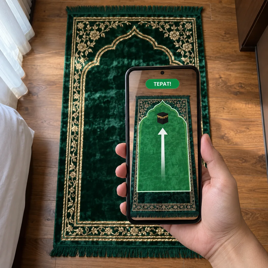 Ponsel di atas sajadah menunjukkan arah kiblat dengan sajadah virtual