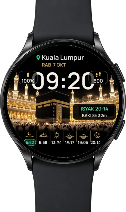 SolatTime prayer times watch face on a Wear OS smartwatch