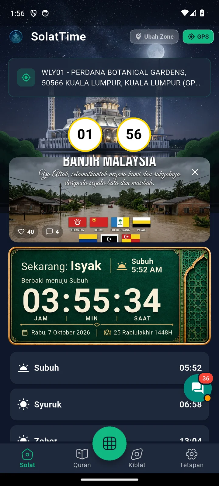 Layar utama SolatTime dengan hitung mundur ke waktu sholat berikutnya